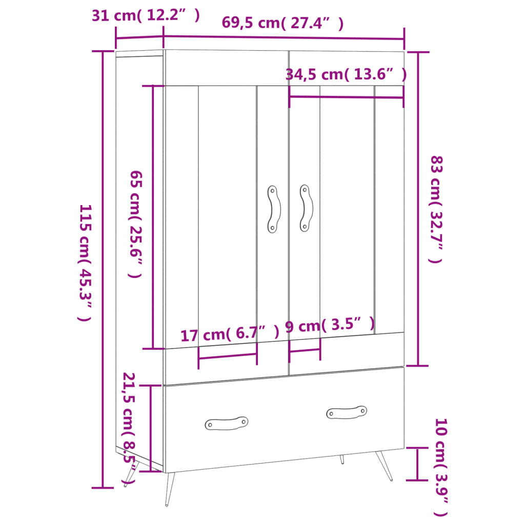 vidaXL Visoka omara bela 69,5x31x115 cm inženirski les