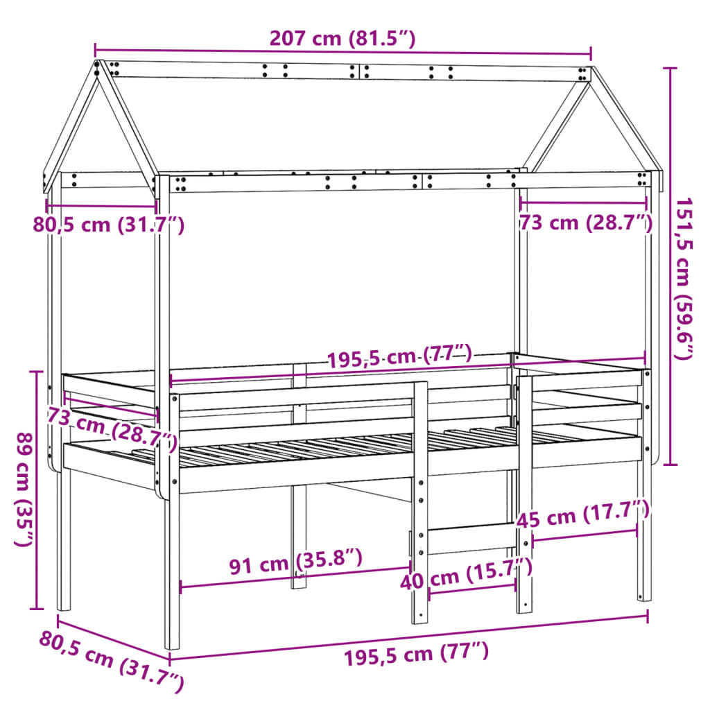 vidaXL Visoka postelja s streho 75x190 cm trdna borovina