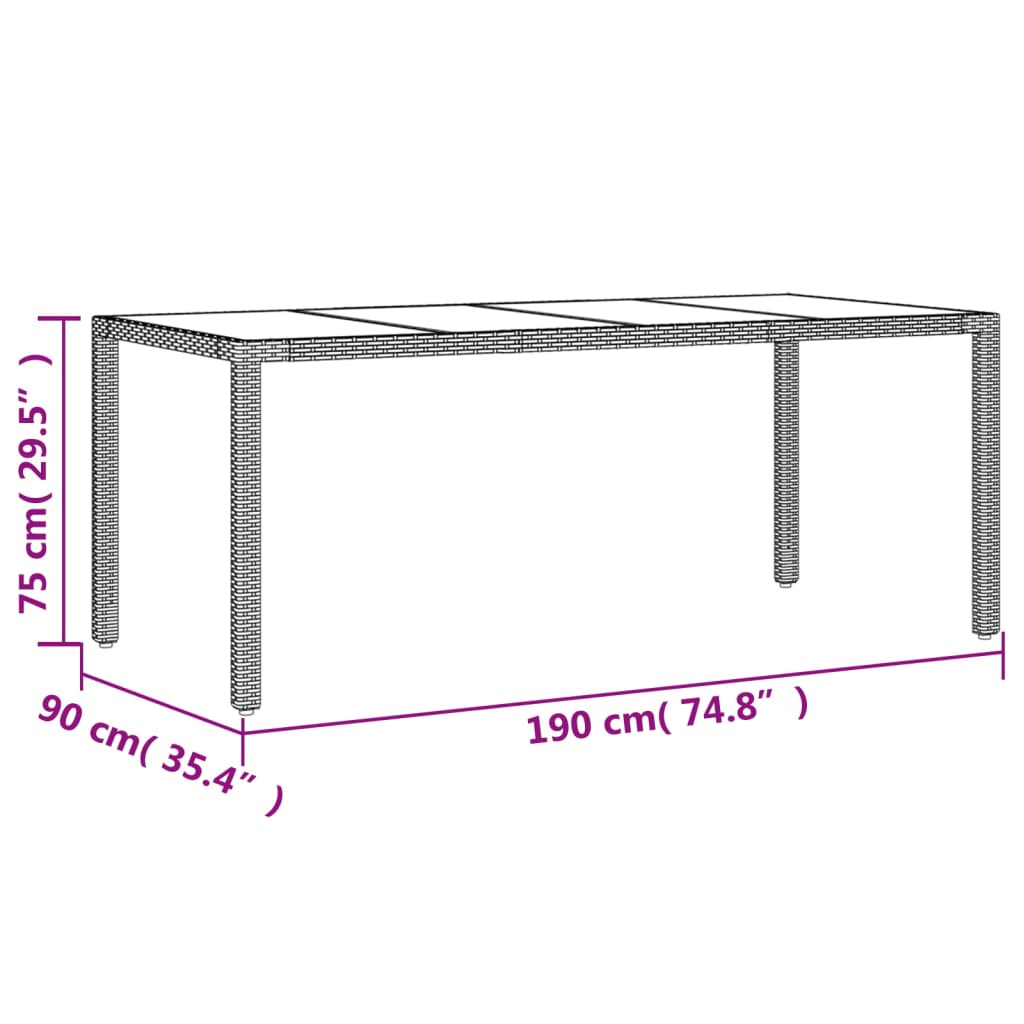 vidaXL Vrtna miza s stekleno ploščo črna 190x90x75 cm poli ratan