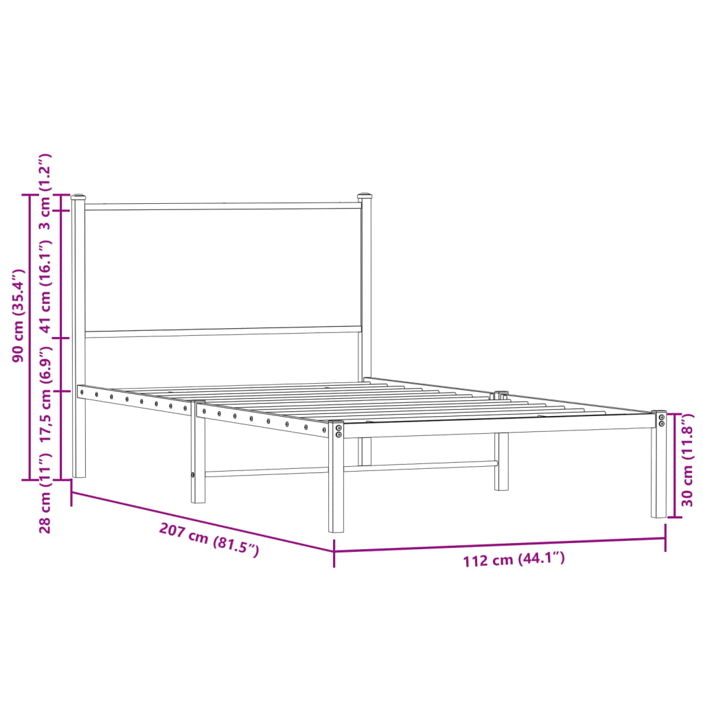 vidaXL Kovinski posteljni okvir brez vzmetnice rjavi hrast 107x203 cm