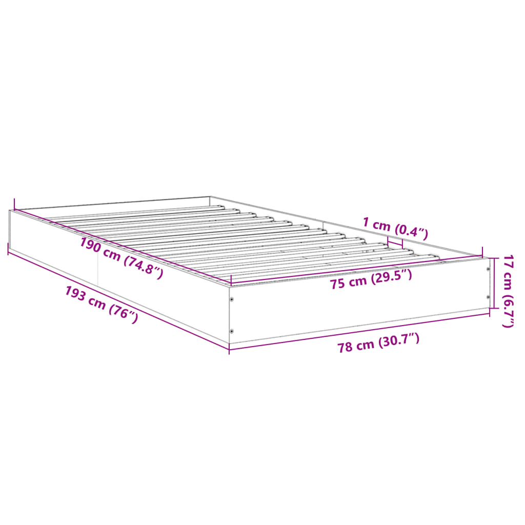 vidaXL Posteljni okvir siva sonoma 75x190 cm inženirski les