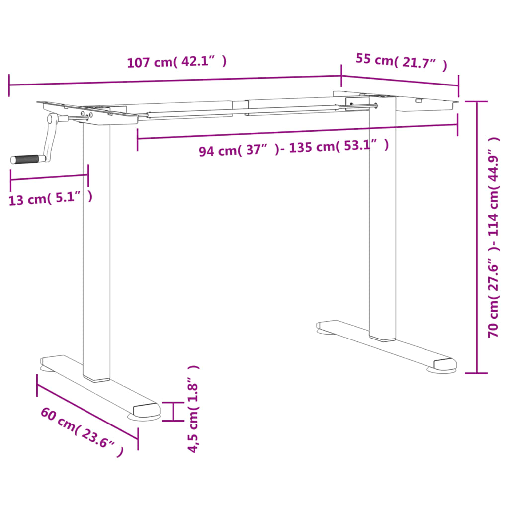 vidaXL Okvir za stoječo mizo črn (94-135)x60x(70-114) cm jeklo