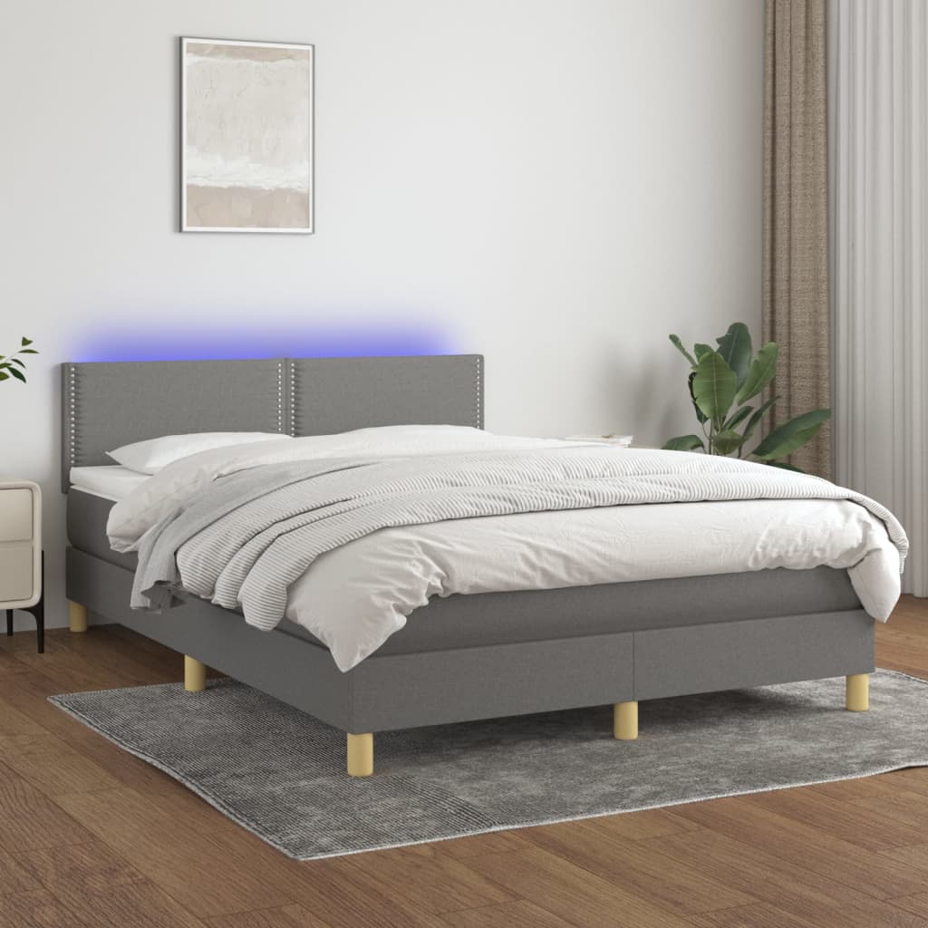 vidaXL Box spring postelja z vzmetnico LED temno siva 140x190 cm blago