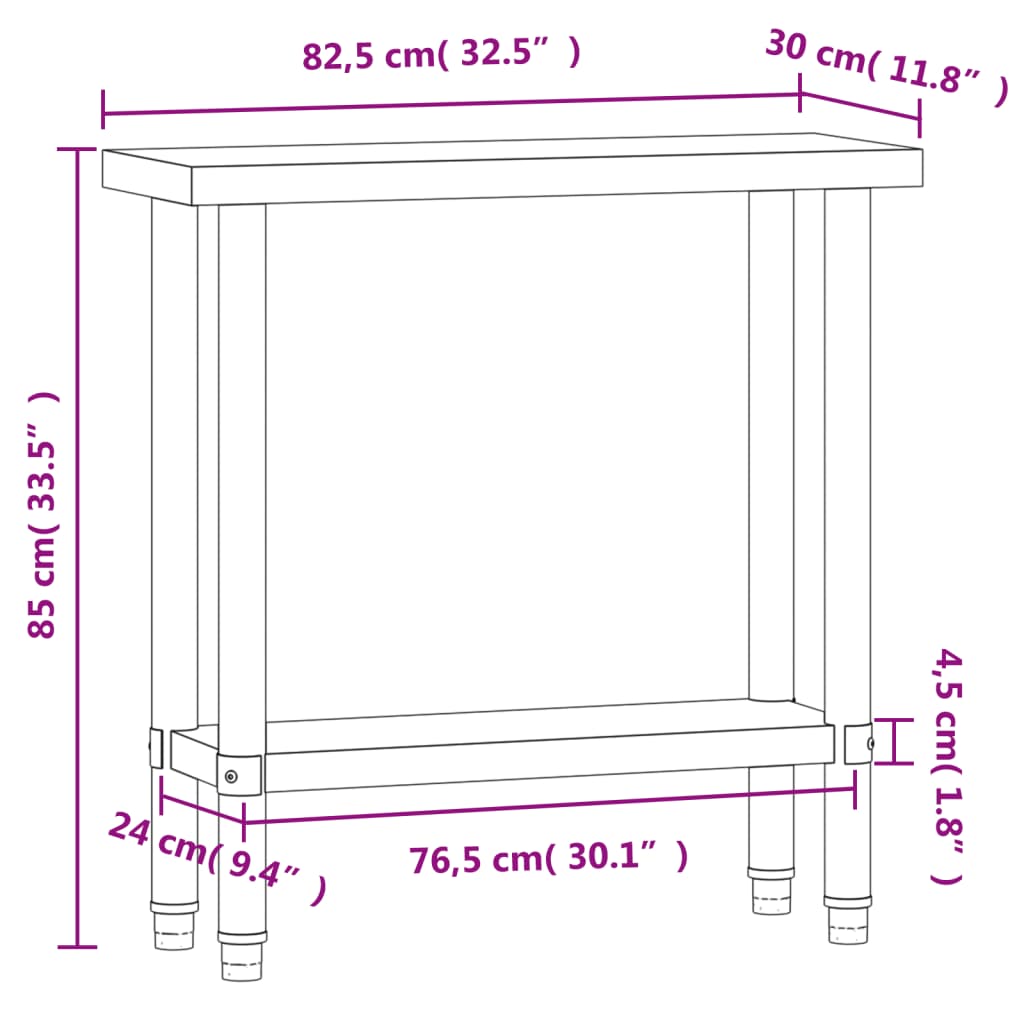 vidaXL Kuhinjska delovna miza 82,5x30x85 cm nerjaveče jeklo