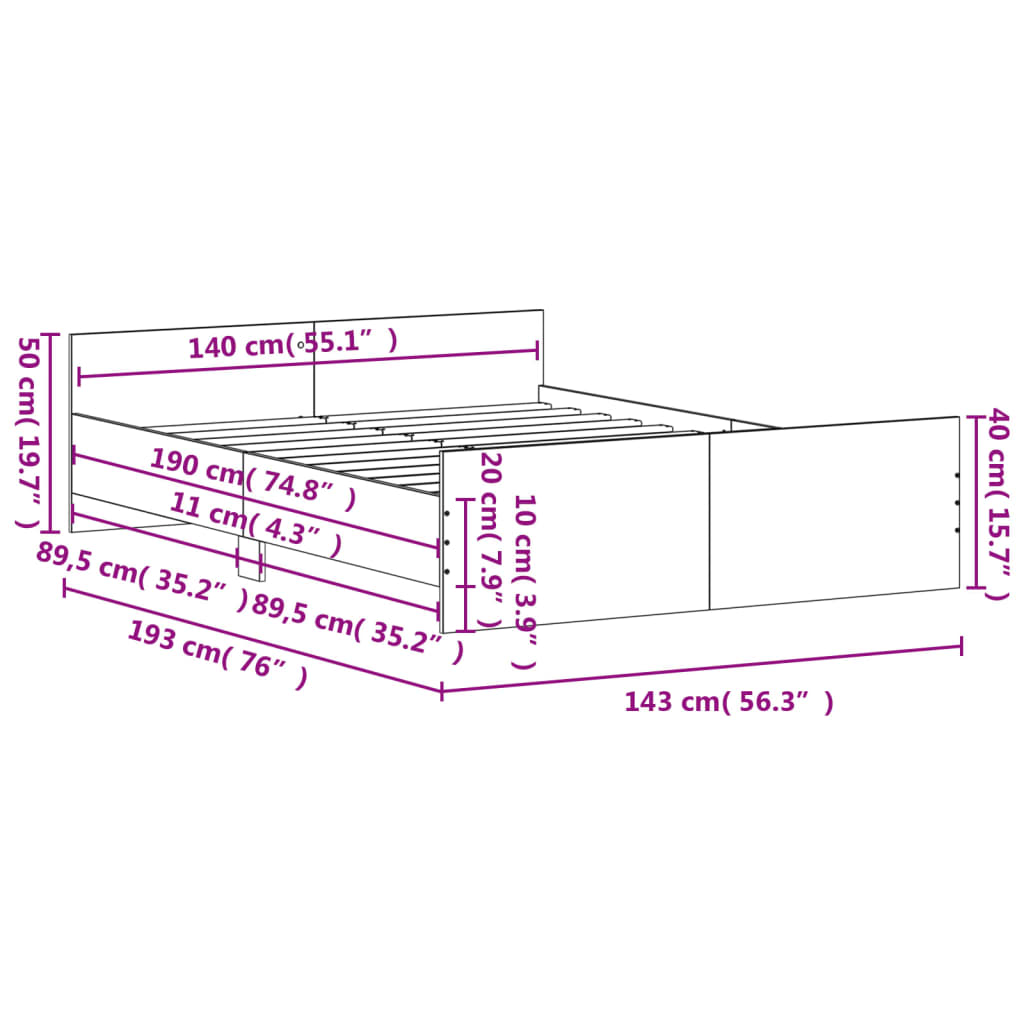 vidaXL Posteljni okvir z vzglavjem in vznožjem rjavi hrast 140x190 cm