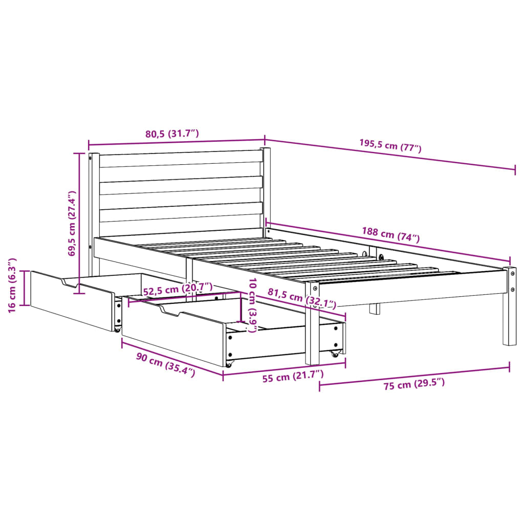 vidaXL Posteljni okvir brez vzmetnice bel 75x190 cm trdna borovina