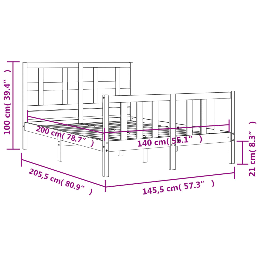 vidaXL Posteljni okvir z vzglavjem črn 140x200 cm trden les