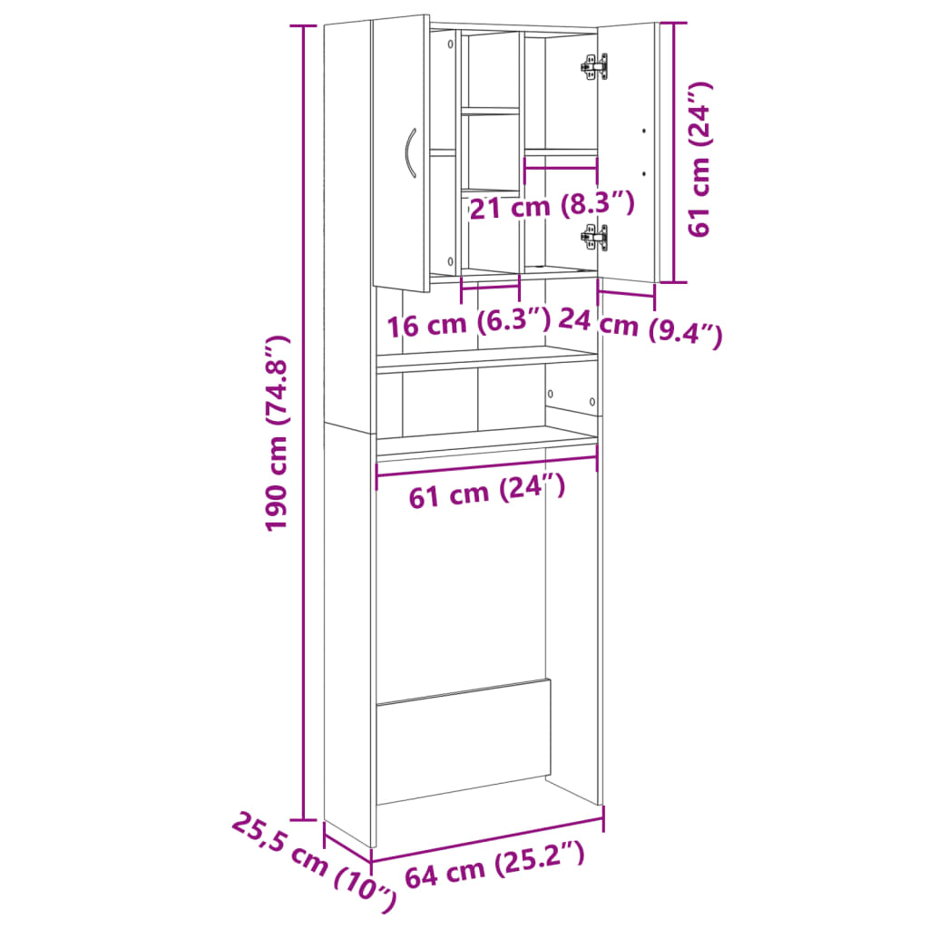 vidaXL Omara za pralni stroj sonoma hrast 64x25,5x190 cm