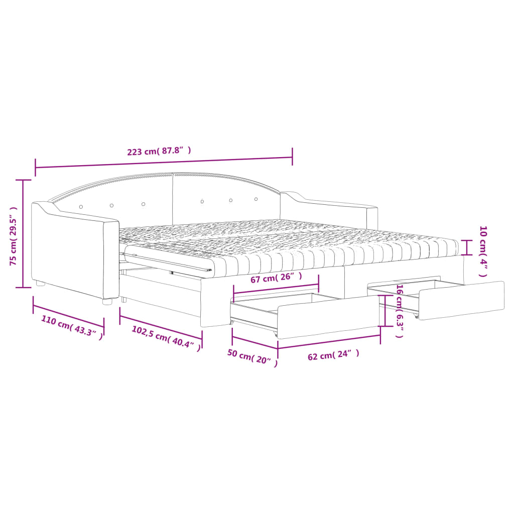 vidaXL Izvlečna dnevna postelja s predali krem 100x200 cm blago