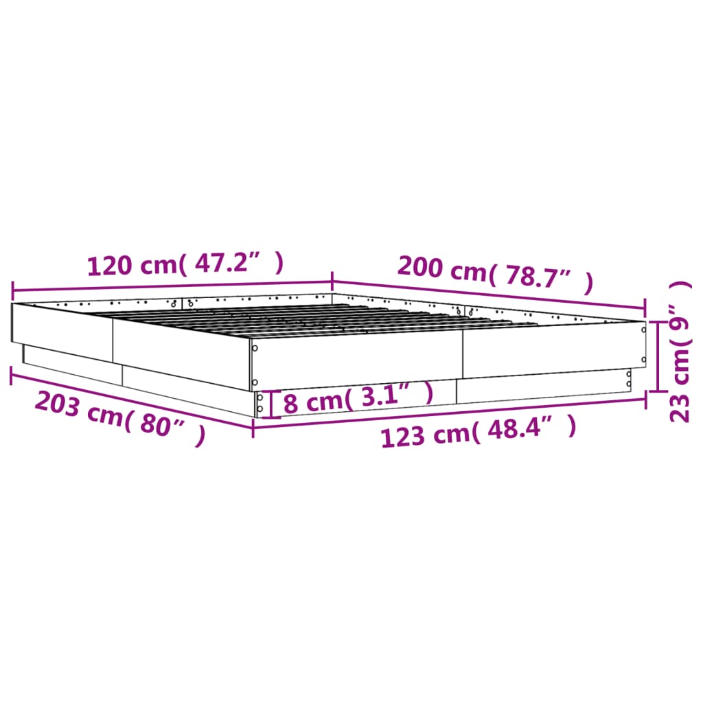 vidaXL Posteljni okvir z LED diodami dimljeni hrast 120x200 cm