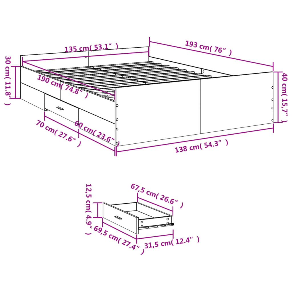 vidaXL Posteljni okvir s predali bel 135x190 cm inženirski les