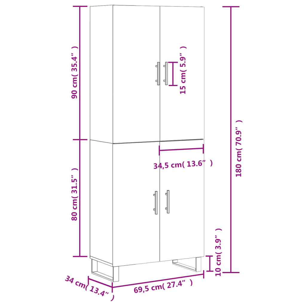 vidaXL Visoka komoda betonsko siva 69,5x34x180 cm inženirski les