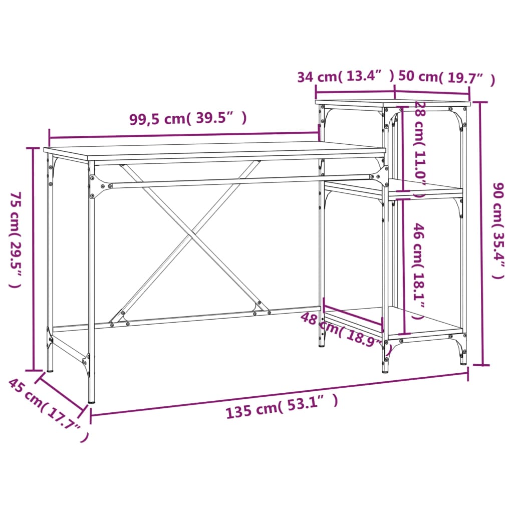 vidaXL Pisalna miza s policami rjavi hrast 135x50x90cm inž. les železo