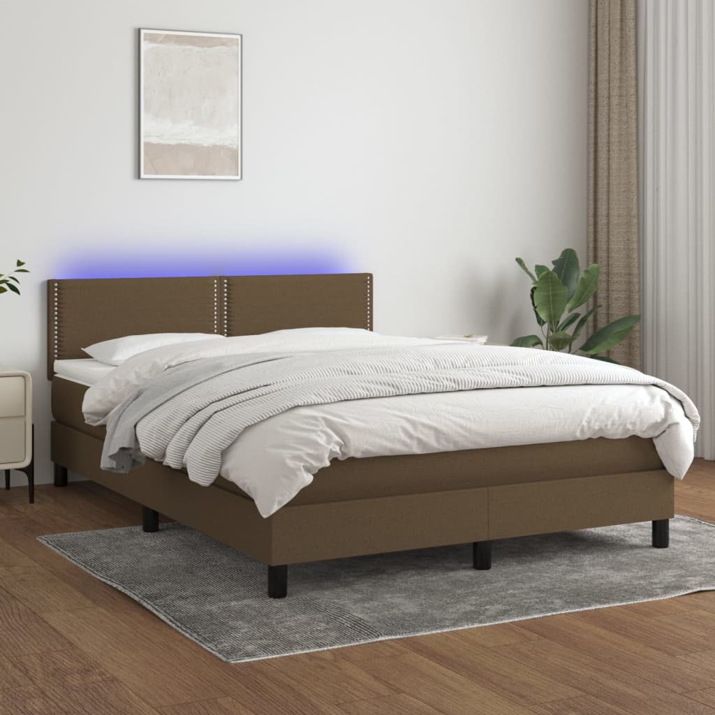 vidaXL Box spring postelja z vzmetnico LED temno rjava 140x200cm blago