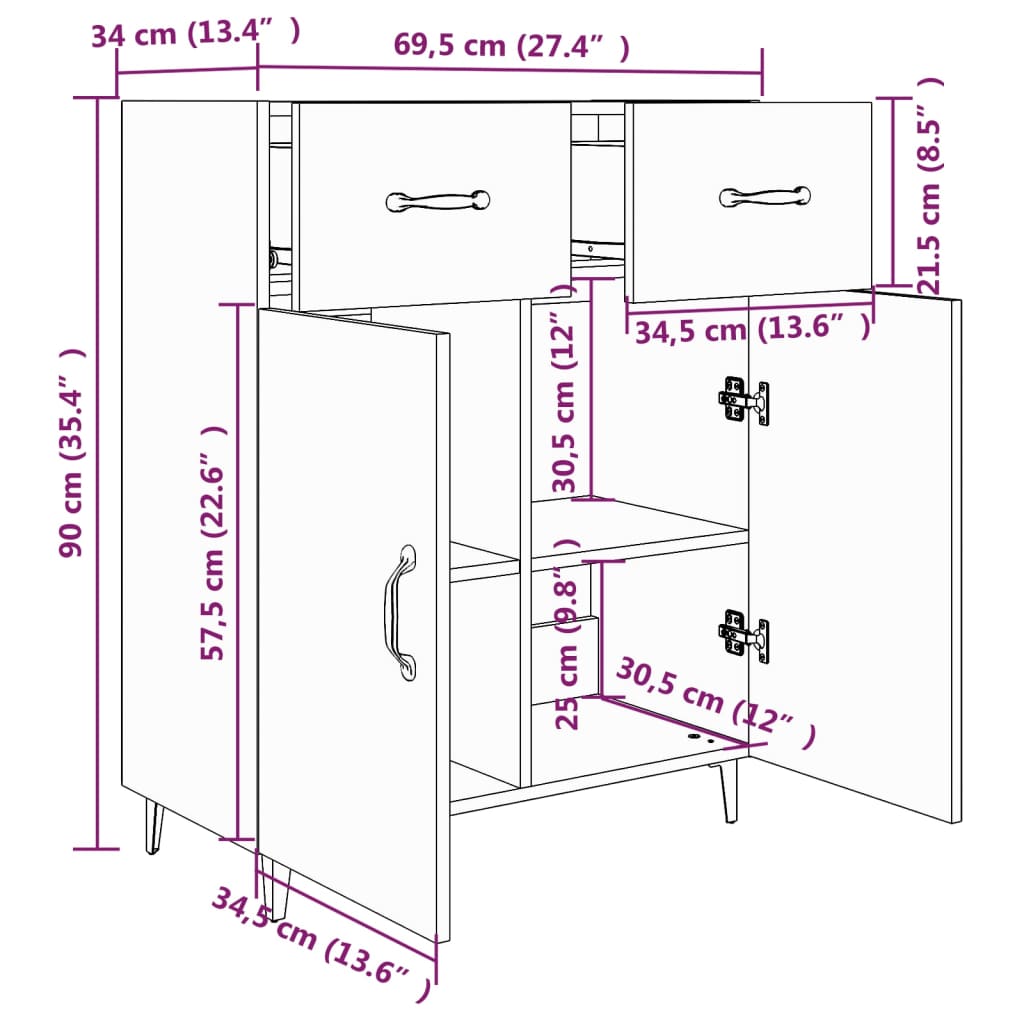 vidaXL Komoda rjavi hrast 69,5x34x90 cm inženirski les