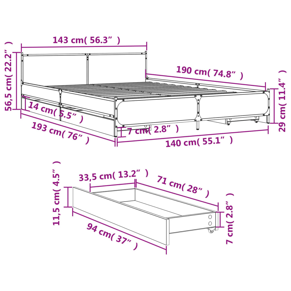 vidaXL Posteljni okvir s predali črn 140x190 cm inženirski les