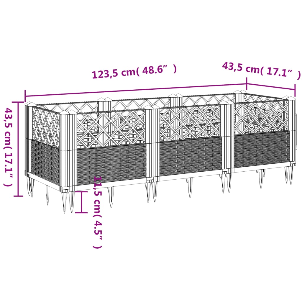 vidaXL Cvetlično korito z zatiči sivo 123,5x43,5x43,5 cm PP