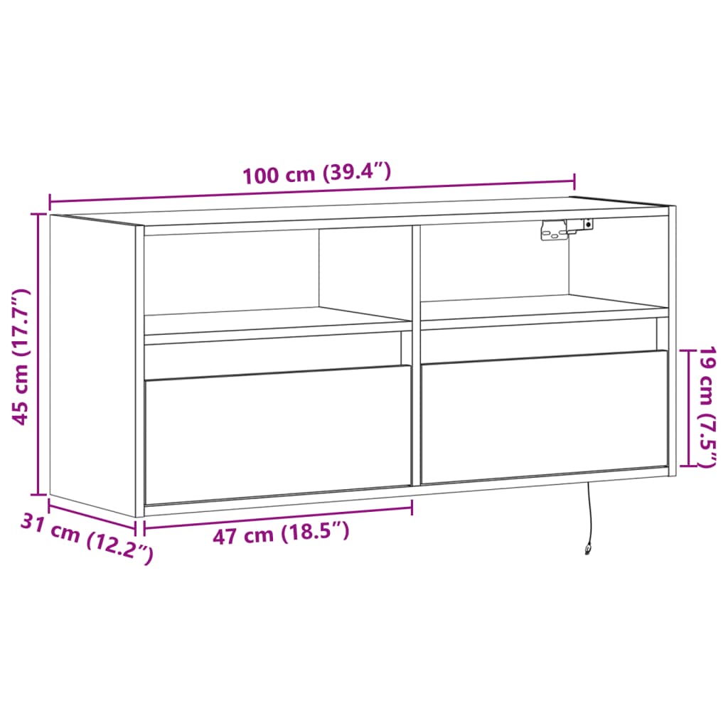 vidaXL Stenska TV omarica z LED lučkami črna 100x31x45 cm