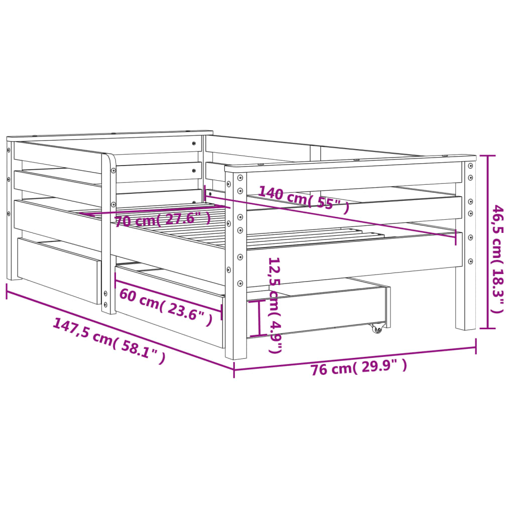 vidaXL Otroški posteljni okvir s predali 70x140 cm trdna borovina