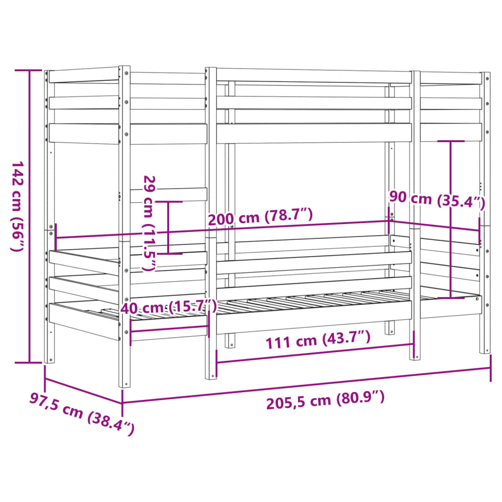 vidaXL Pograd bel 90x200 cm trdna borovina