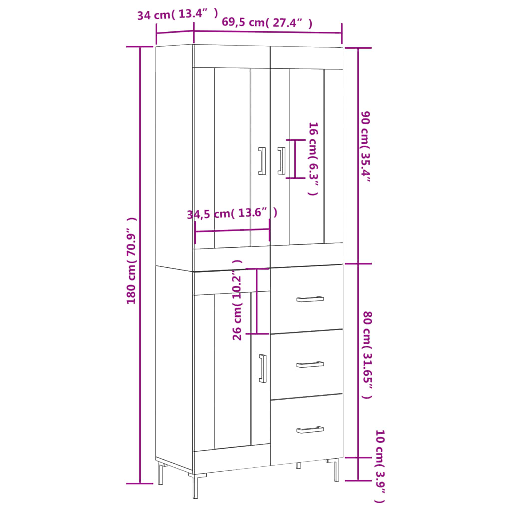 vidaXL Visoka komoda visok sijaj bela 69,5x34x180 cm inženirski les