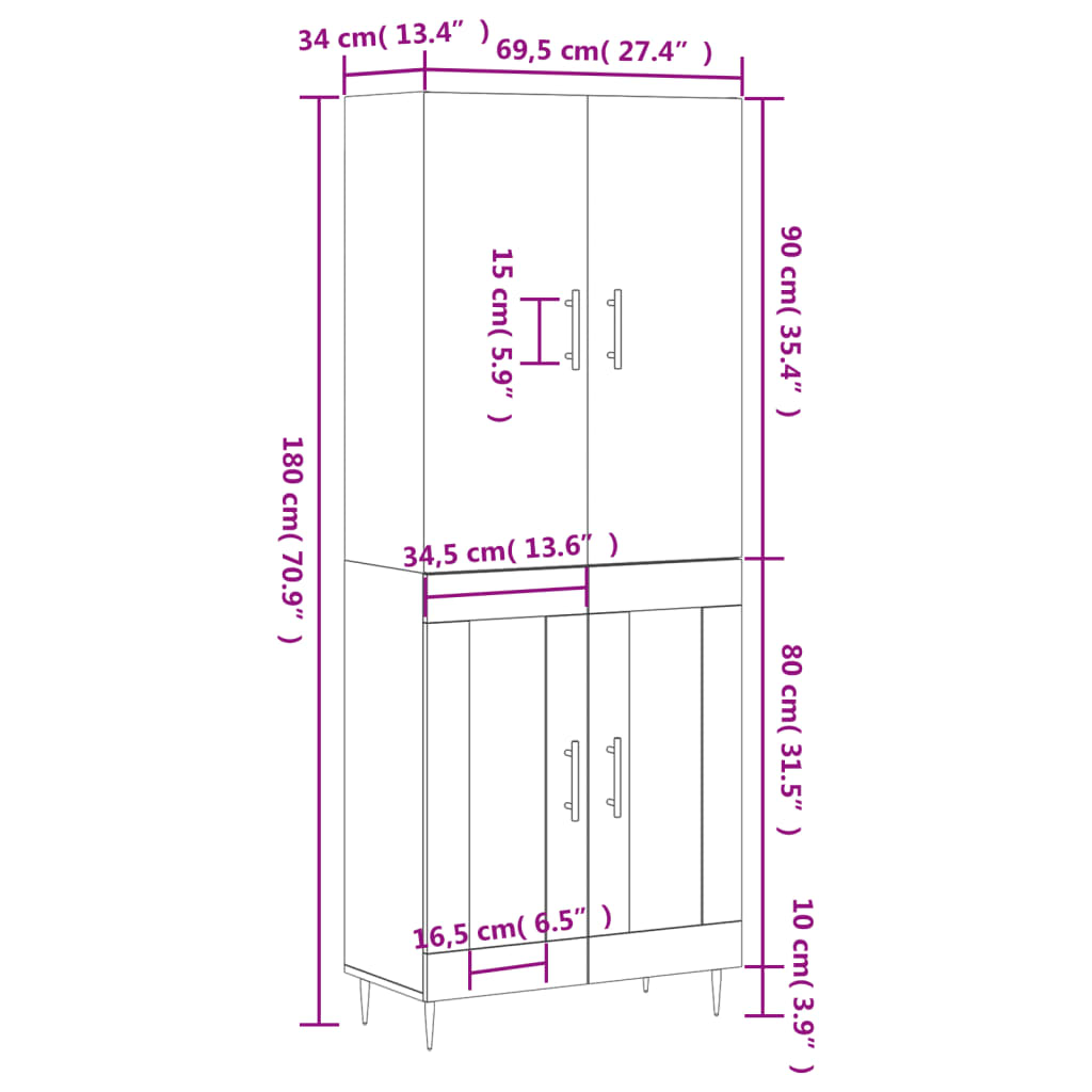 vidaXL Visoka komoda siva sonoma 69,5x34x180 cm inženirski les