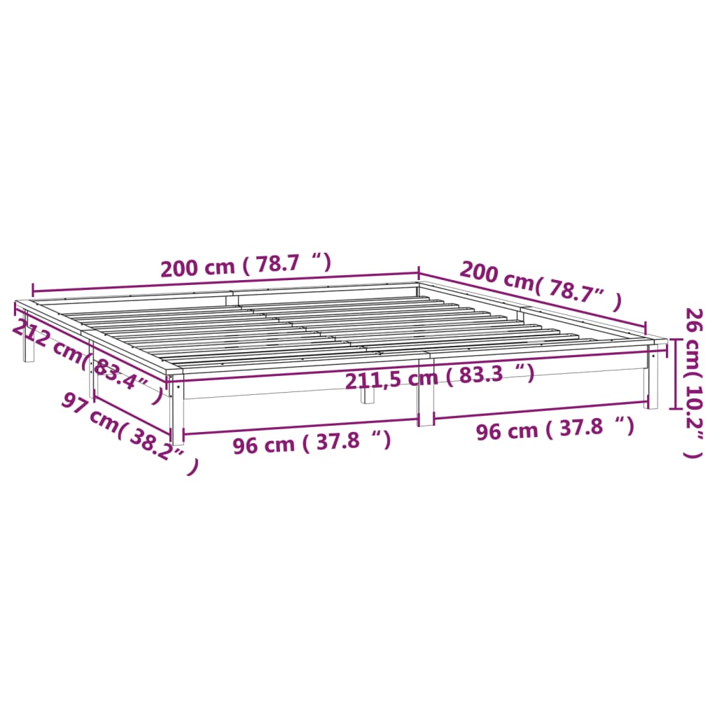 vidaXL LED posteljni okvir medeno rjav 200x200 cm trden les