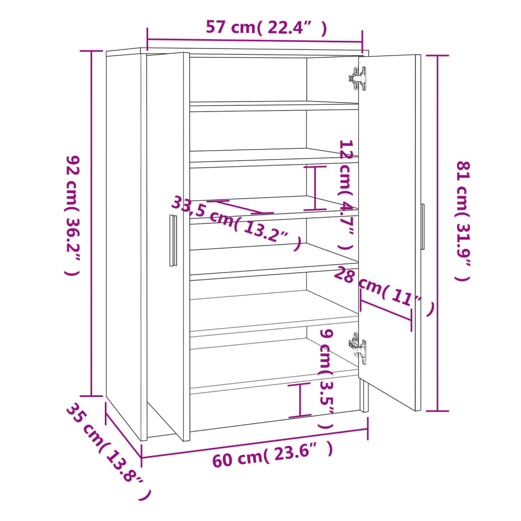 vidaXL Omarica za čevlje rjav hrast 60x35x92 cm konstruiran les