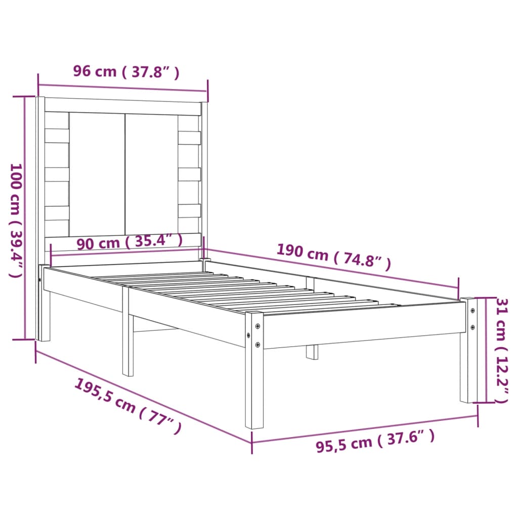 vidaXL Posteljni okvir črn iz trdnega lesa 90x190 cm