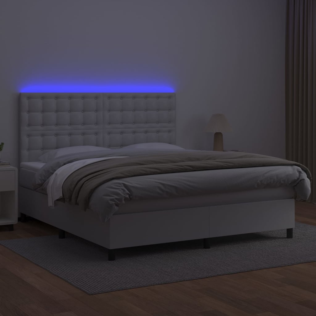 vidaXL Box spring postelja z vzmetnico LED bela 180x200cm umetno usnje