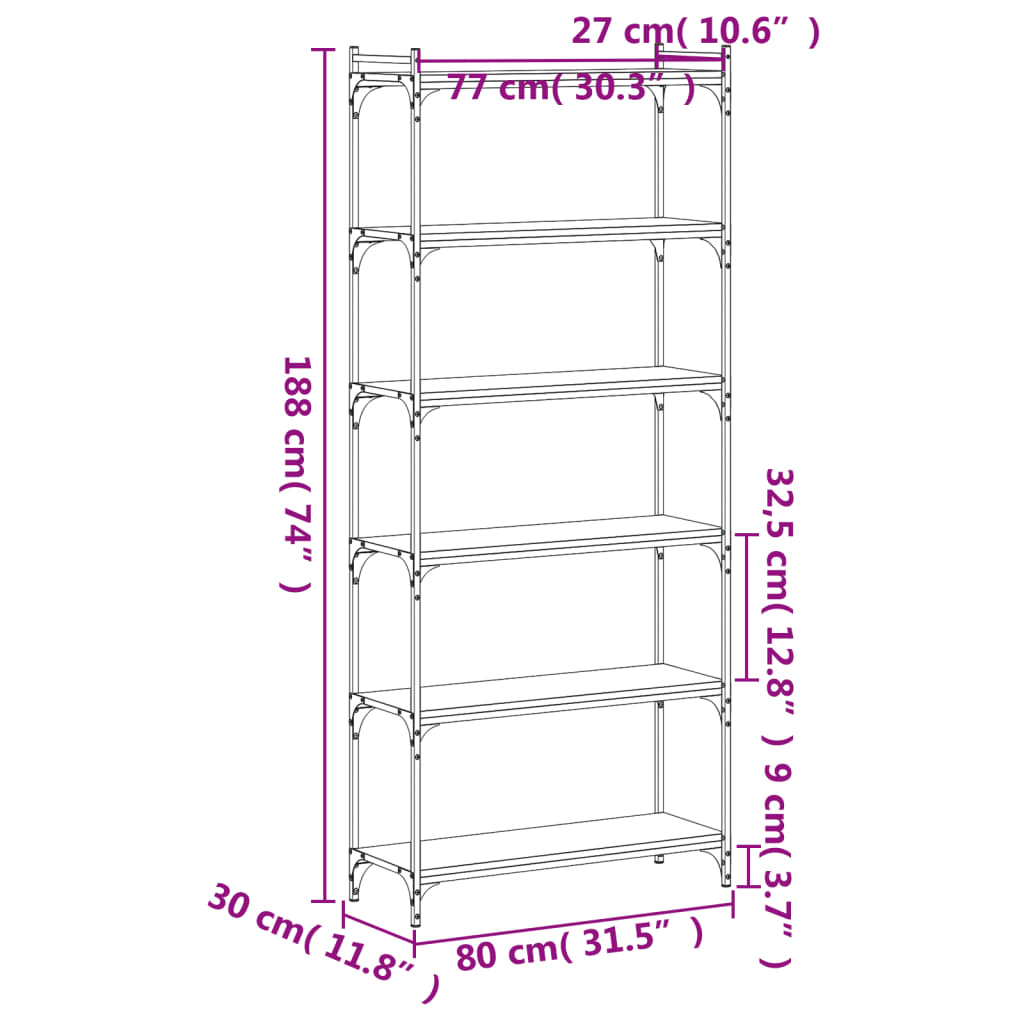 vidaXL Knjižna omara 6-nadstropna črna 80x30x188 cm inženirski les