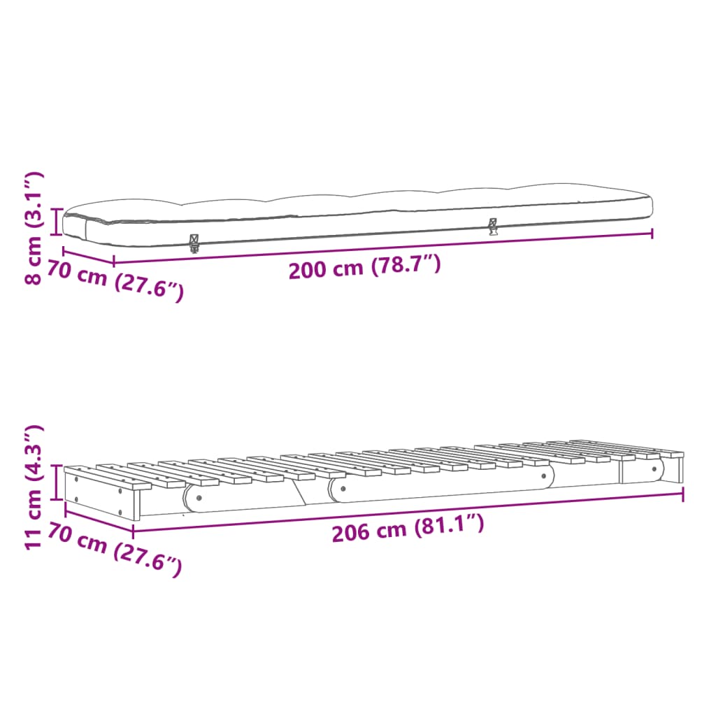 vidaXL Futon z ležiščem bela 70x206x11 cm trdna borovina