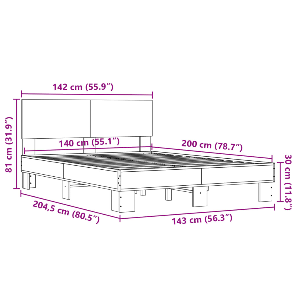 vidaXL Posteljni okvir sonoma hrast 140x200 cm inž. les in kovina