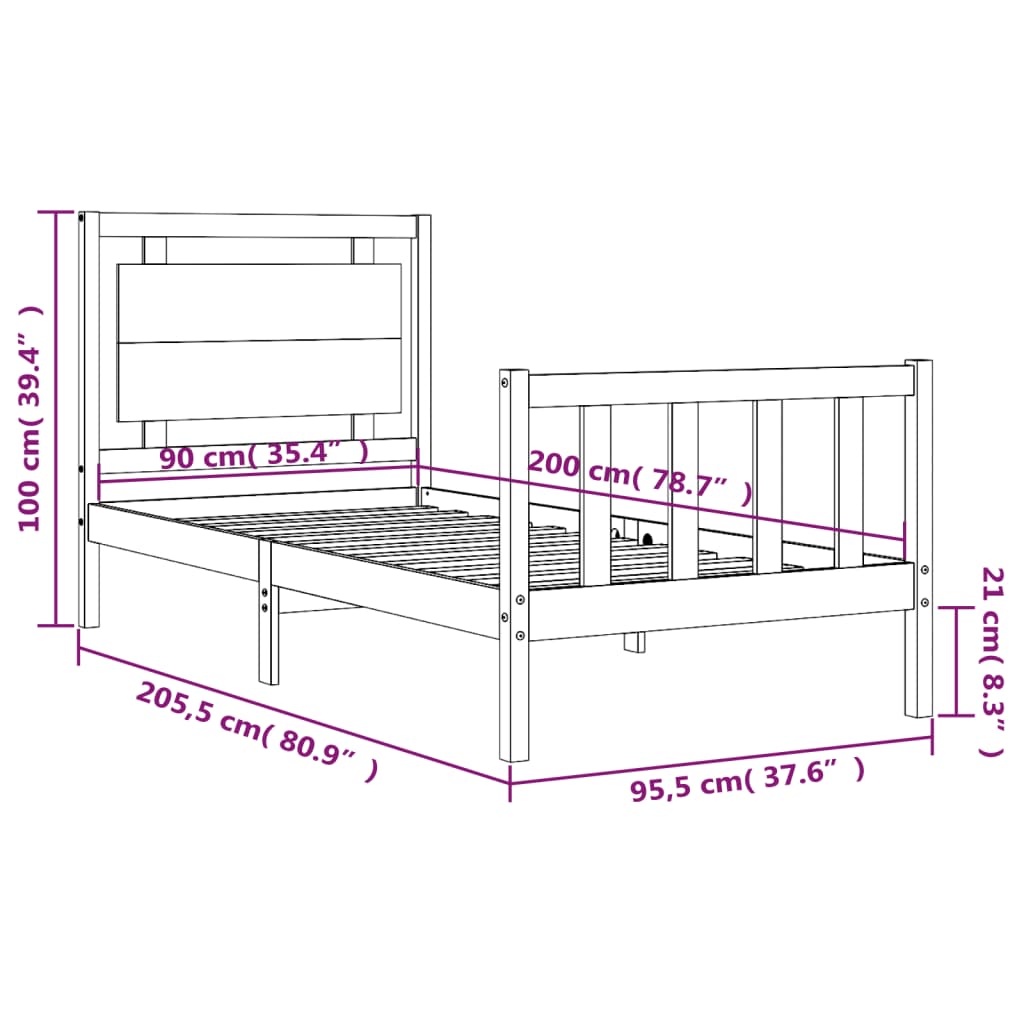 vidaXL Posteljni okvir brez vzmetnice bel 90x200 cm trdna borovina