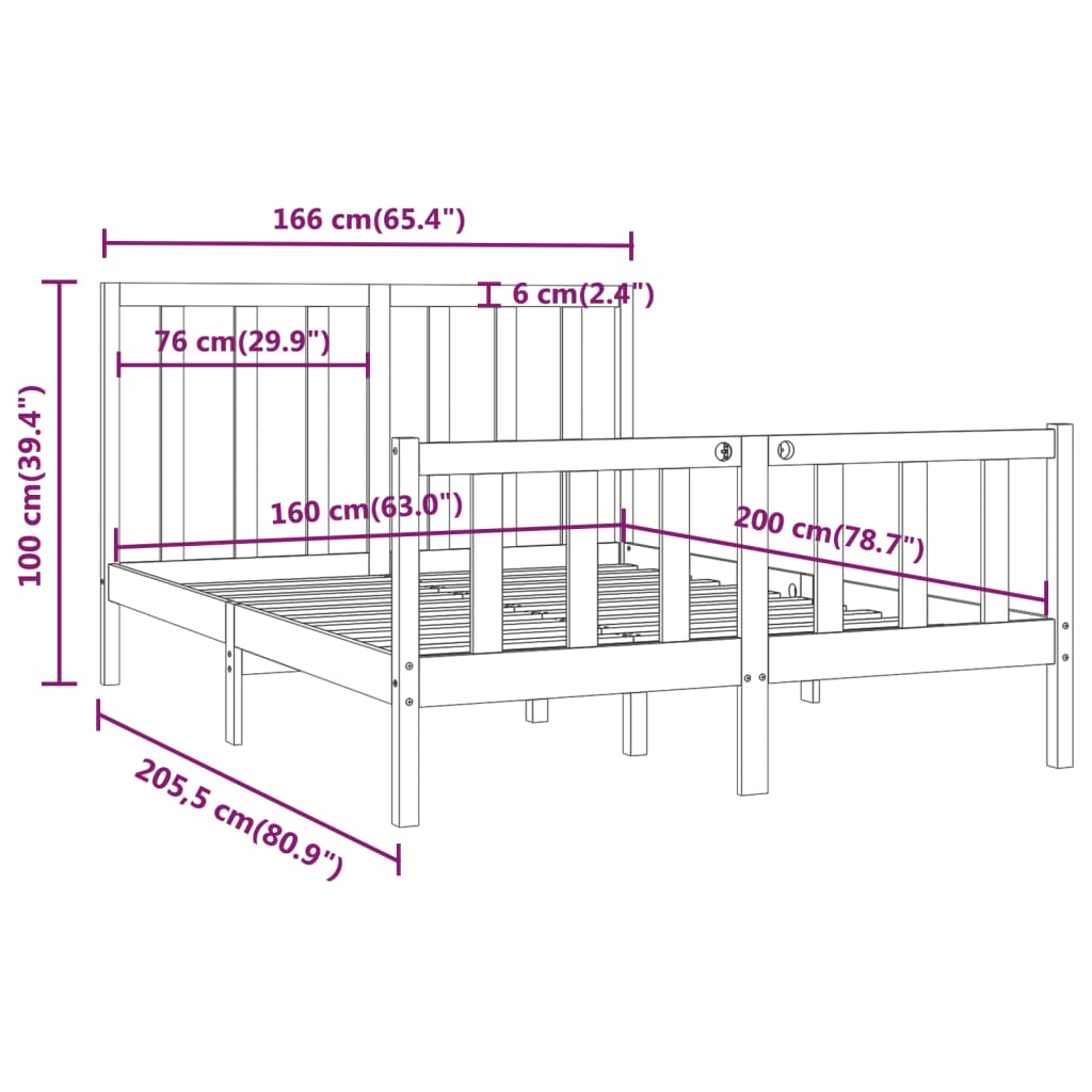 vidaXL Posteljni okvir črn iz trdnega lesa 160x200 cm