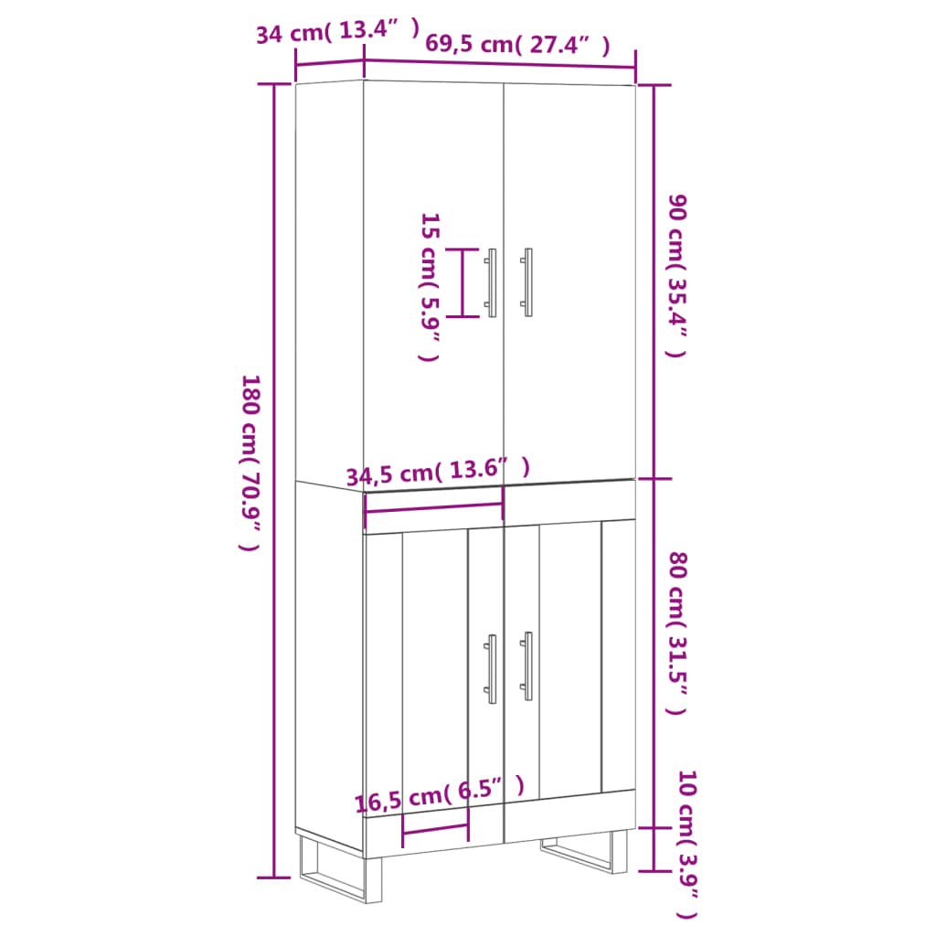 vidaXL Visoka komoda siva sonoma 69,5x34x180 cm inženirski les