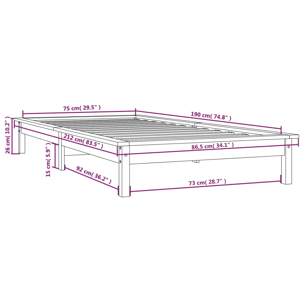 vidaXL Posteljni okvir medeno rjav 75x190 cm trdna borovina