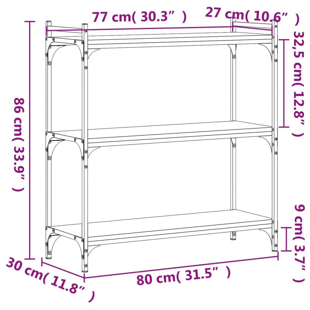 vidaXL Knjižna omara 3-nadstropna dimljen hrast 80x30x86 cm inž. les