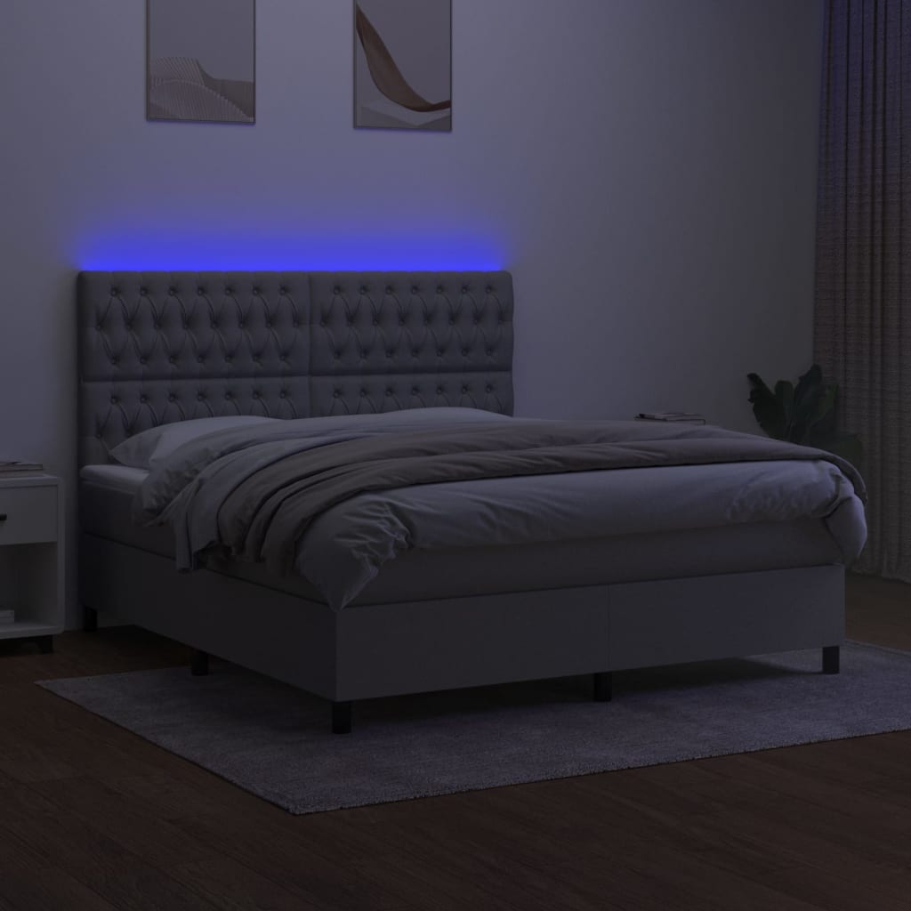 vidaXL Box spring postelja z vzmetnico LED sv. siva 180x200 cm blago