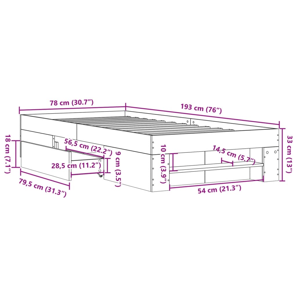 vidaXL Posteljni okvir bel 75x190 cm inženirski les