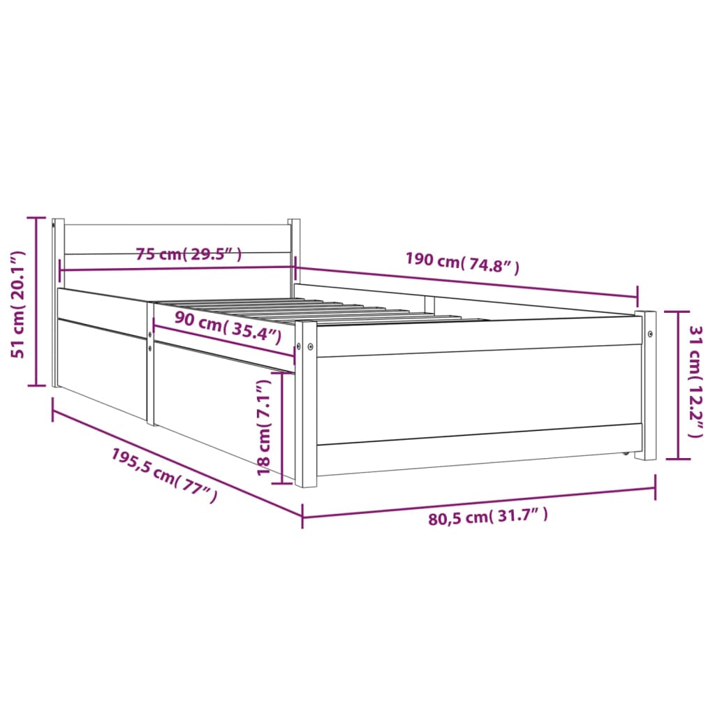 vidaXL Posteljni okvir s predali črna 75x190 cm majhna enojna