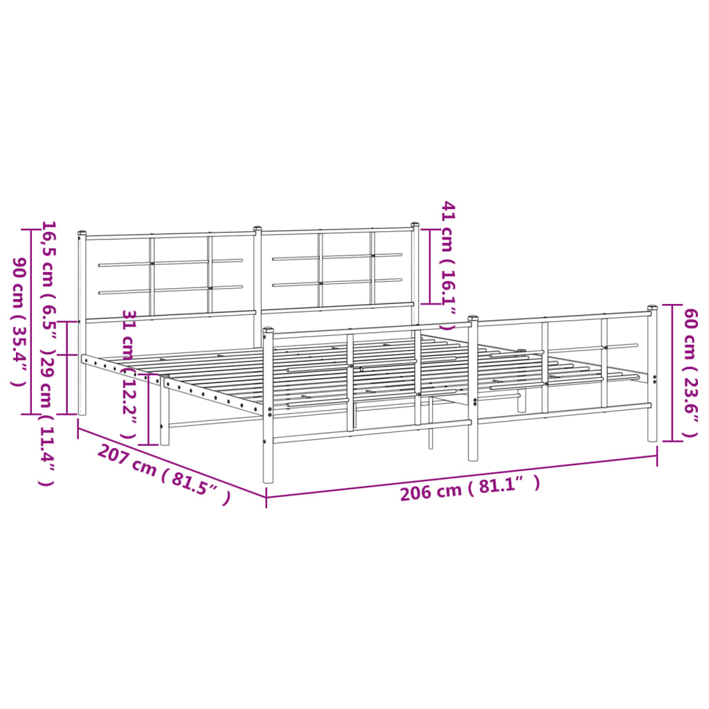 vidaXL Kovinski posteljni okvir z vzglavjem in vznožjem črn 200x200 cm