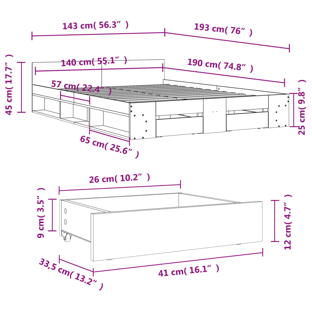 vidaXL Posteljni okvir s predali dimljen hrast 140x190 cm inž. les