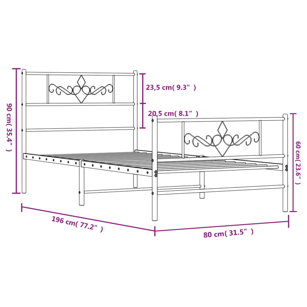 vidaXL Kovinski posteljni okvir z vzglavjem in vznožjem bel 75x190 cm