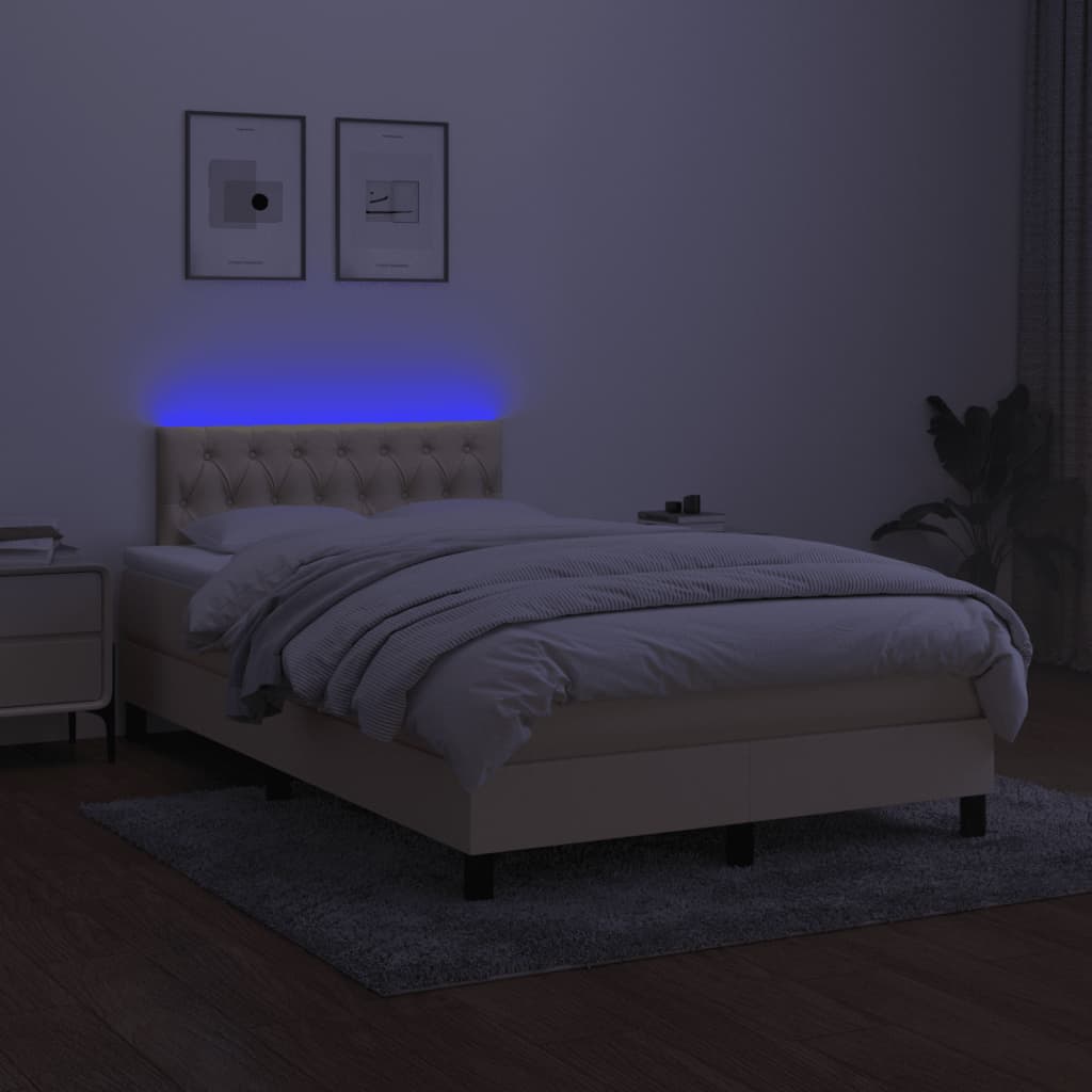 vidaXL Box spring postelja z vzmetnico LED krem 120x190 cm blago