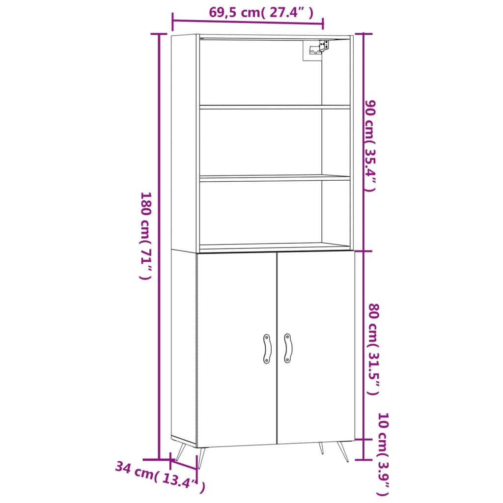 vidaXL Visoka komoda betonsko siva 69,5x34x180 cm inženirski les