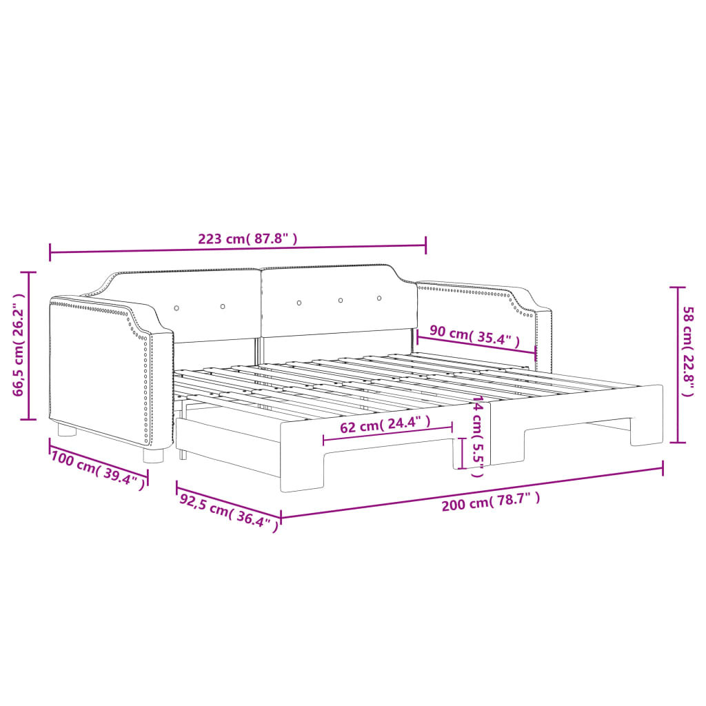 vidaXL Izvlečna dnevna postelja črna 90x200 cm blago