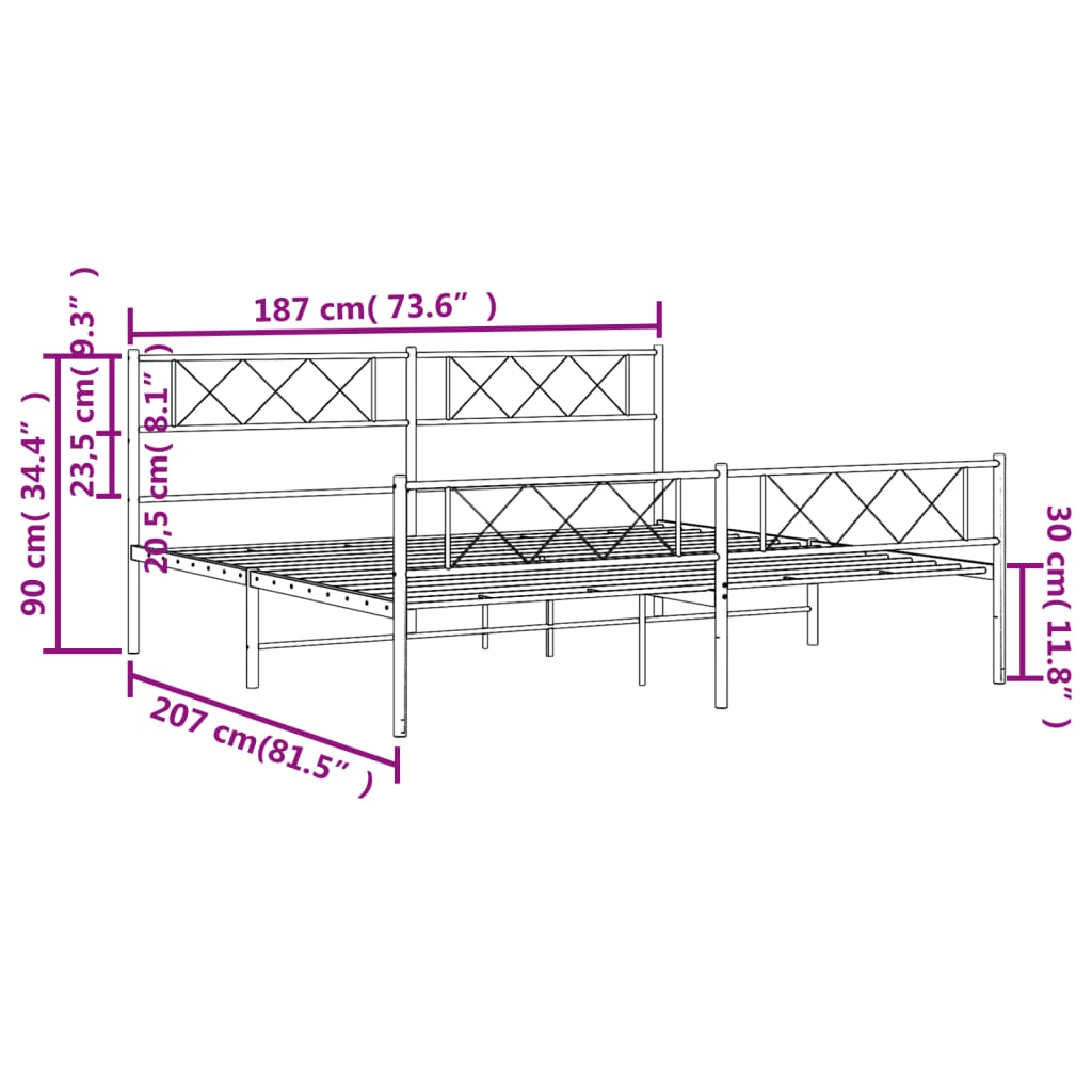 vidaXL Kovinski posteljni okvir z vzglavjem in vznožjem bel 180x200 cm