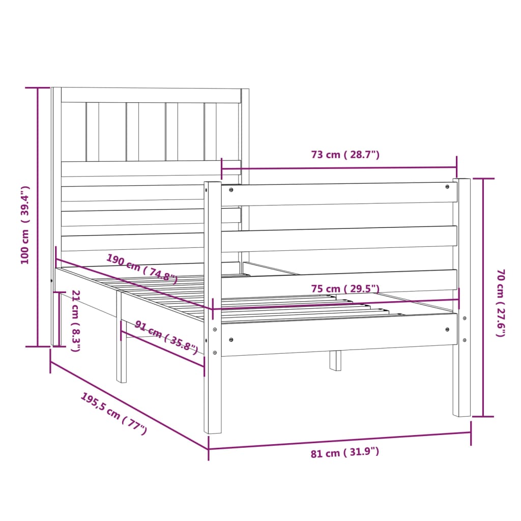 vidaXL Posteljni okvir 75x190 cm trden les