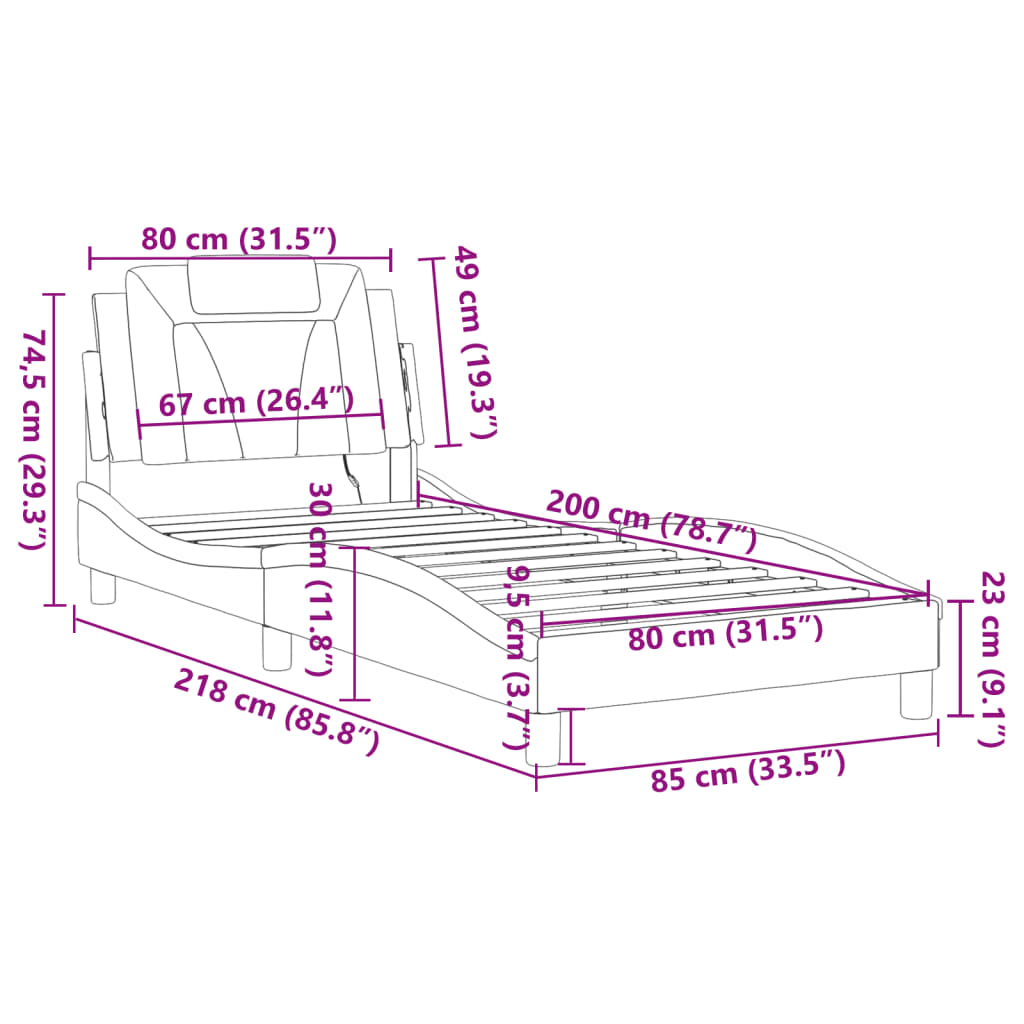 vidaXL Posteljni okvir z LED lučkami bel in črn 80x200 cm umetno usnje